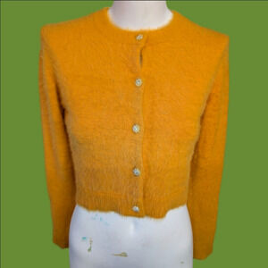 ZARA Sweater Rhinestone Buttons In Mustard Fuzzy  Cropped Size S